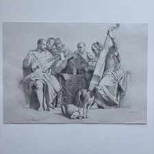 Antique Renaissance Engraving 1868 Renaissance Musicians with Lutes & Viol