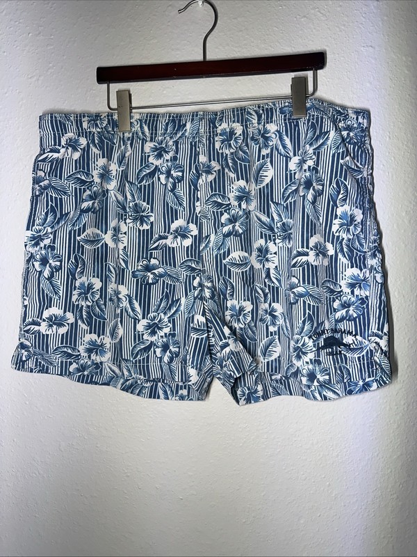 Mens  L TOMMY BAHAMA Relax Navy White Floral and Stripe Swim Trunks