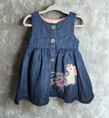 Next Baby Mädchen Denim Jeanskleid ärmellos Einhorn Gr. 80 A-Linie Rundhals