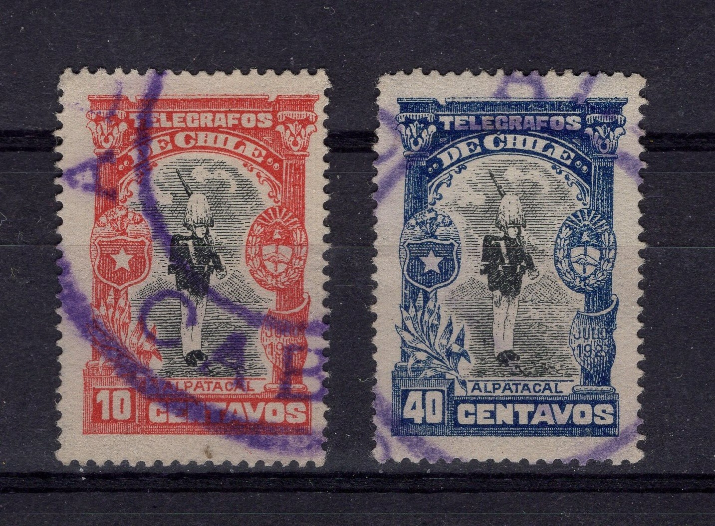 CHILE 1927 TAX stamps for telegram Telegraph ALPATACAL 10c red & 40c blue USED
