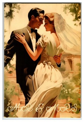 Vintage Style Wedding Postcard Mr & Mrs Bride Groom Embrace Rose Rings
