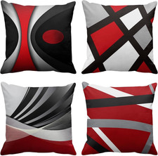 Set of 4 Throw Pillow Covers Modern Abstract Red Stripes Gray Black White Acryli