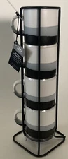 Leaf And Bean Stackable 3oz. Espresso Cups w/holder, Blk, White, New.  SHARP!