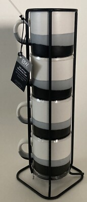 Leaf And Bean Stackable 3oz. Espresso Cups w/holder, Blk, White, New.  SHARP!