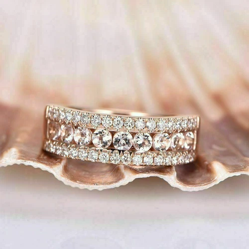 2Ct Round Lab-Created Morganite Half Eternity Wedding Ring 14k Rose Gold Plated