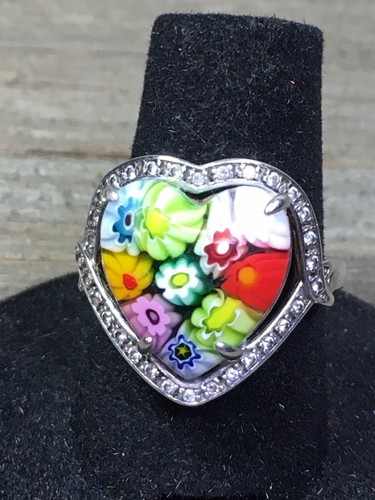 Alan K. Signed Millefiori Murano Glass CZ Sterling Silver Heart Ring ...
