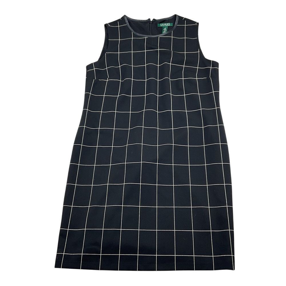 Lauren Ralph Lauren Dress Women 10 Black Windowpane Plaid Leather Trim  Sheath