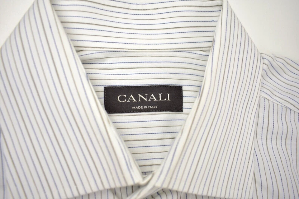 Canali 白色带蓝色/棕色条纹尖领棉质正装衬衫尺寸:16-35 — 第 2/4 张图片