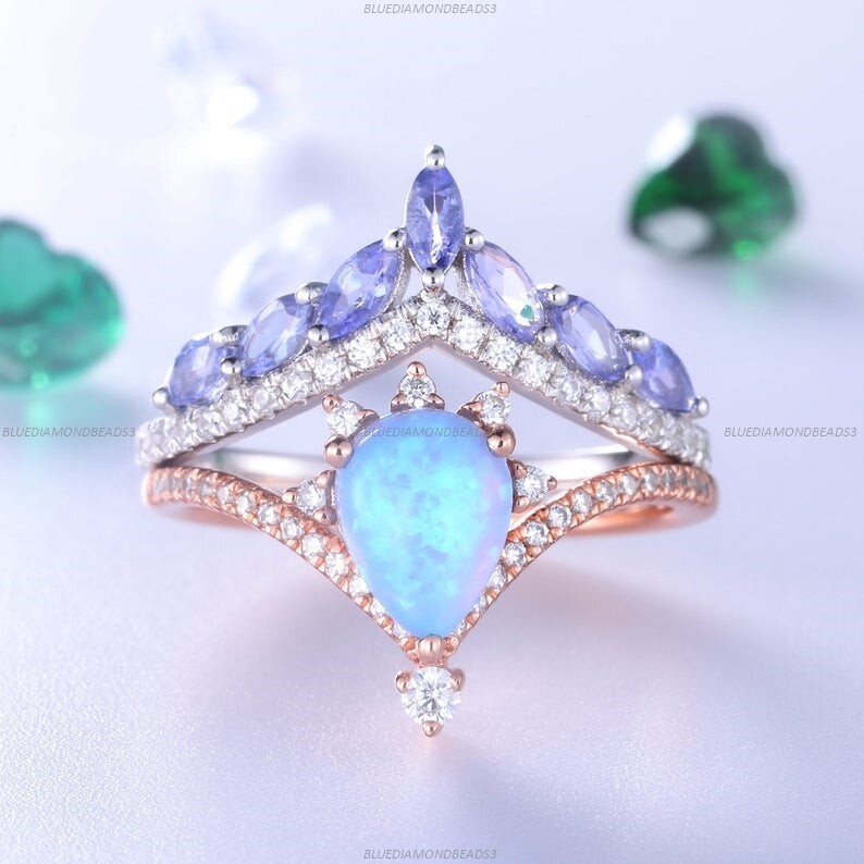 Opalite Moissanite Bridal Set 14k Gold Engagement Ring Cluster Jewelry