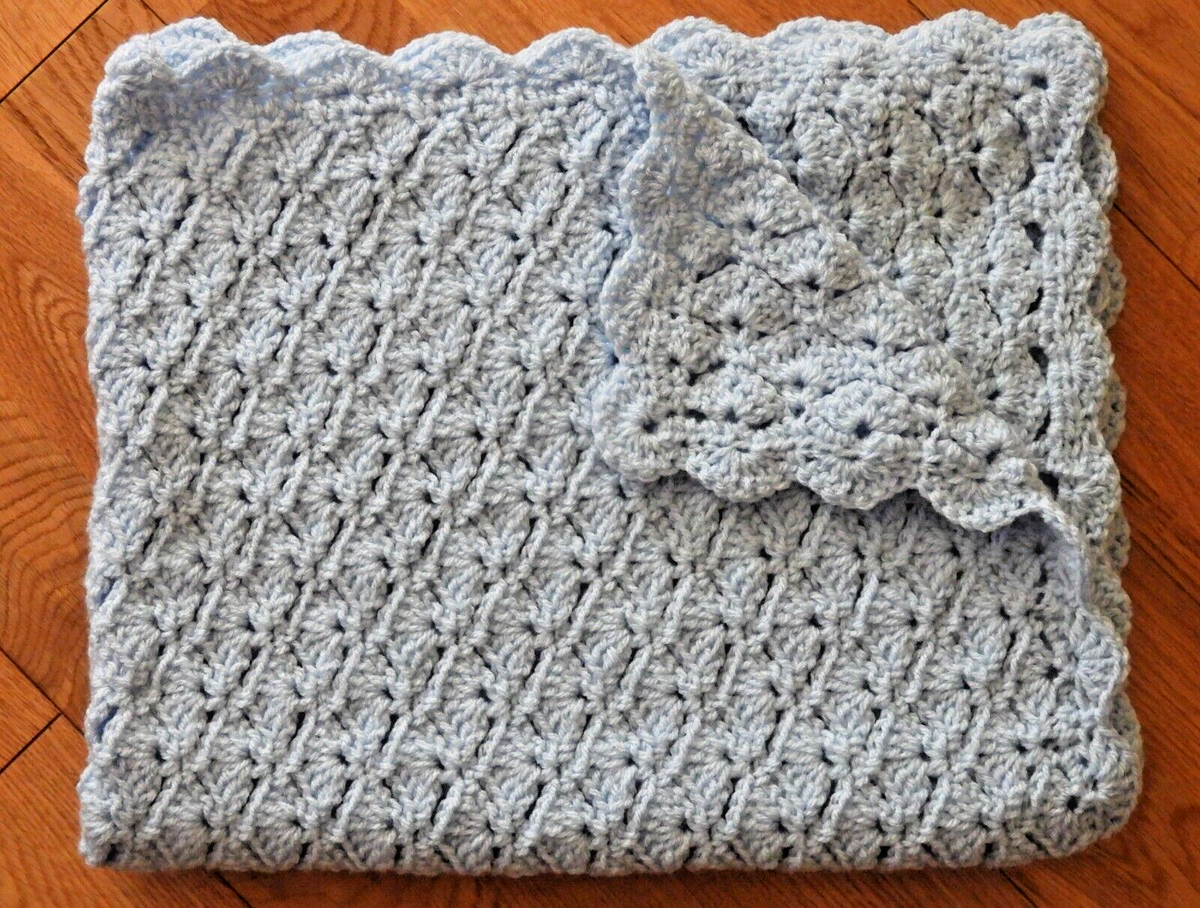 Handmade crochet knit light blue pram cot crib blanket