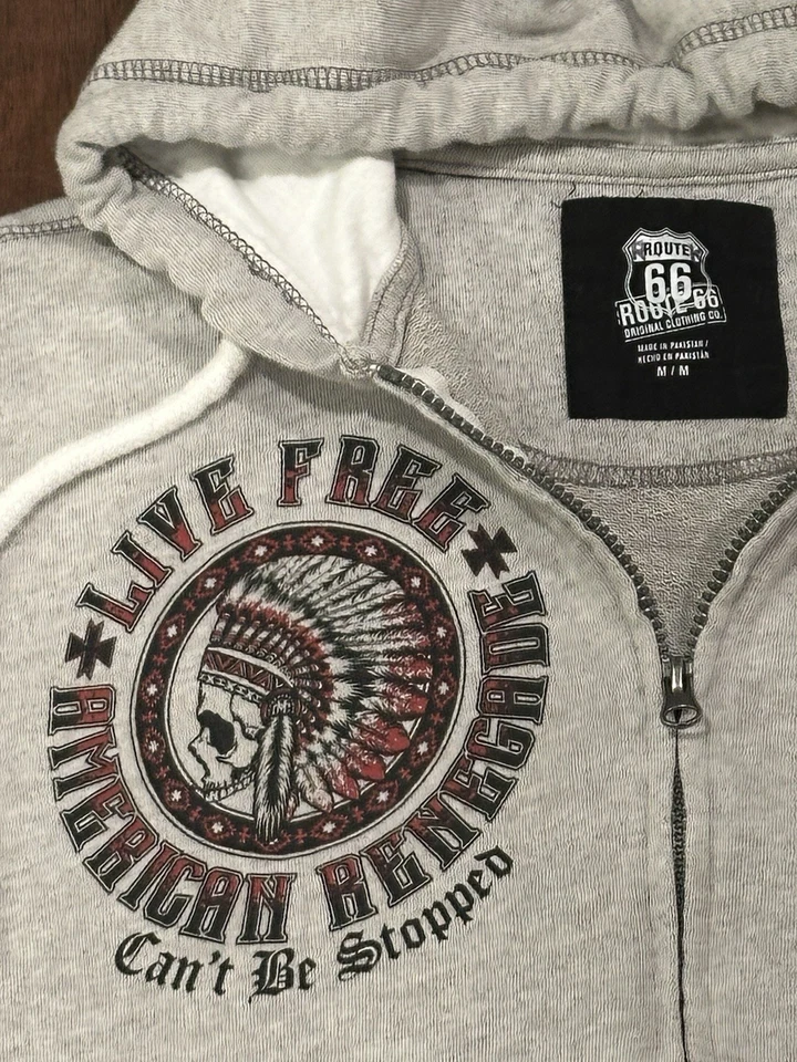 Sudadera con Capucha Y2K Route 66 Renegade Calavera Cremallera Para Mujer’s M Gris Gráfico Foto 3 de 4
