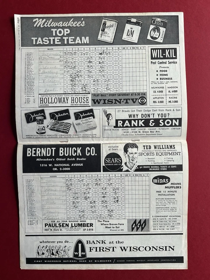 1962 Milwaukee Brave vs Dodgers Warren Spahn's Braves Scored Program. Spahn Wins - Image 2 of 4