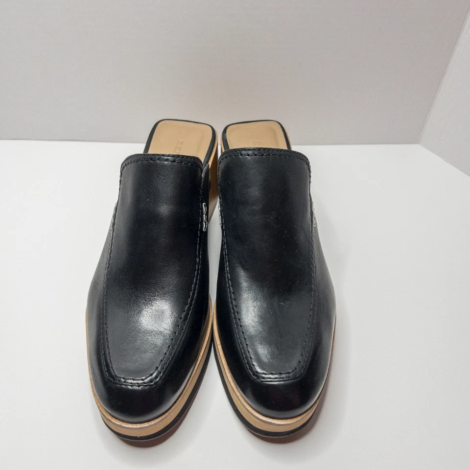 Zuecos Bernardo de cuero negro con tacón ancho para mujer con puntera cuadrada de 10M” Foto 2 de 4