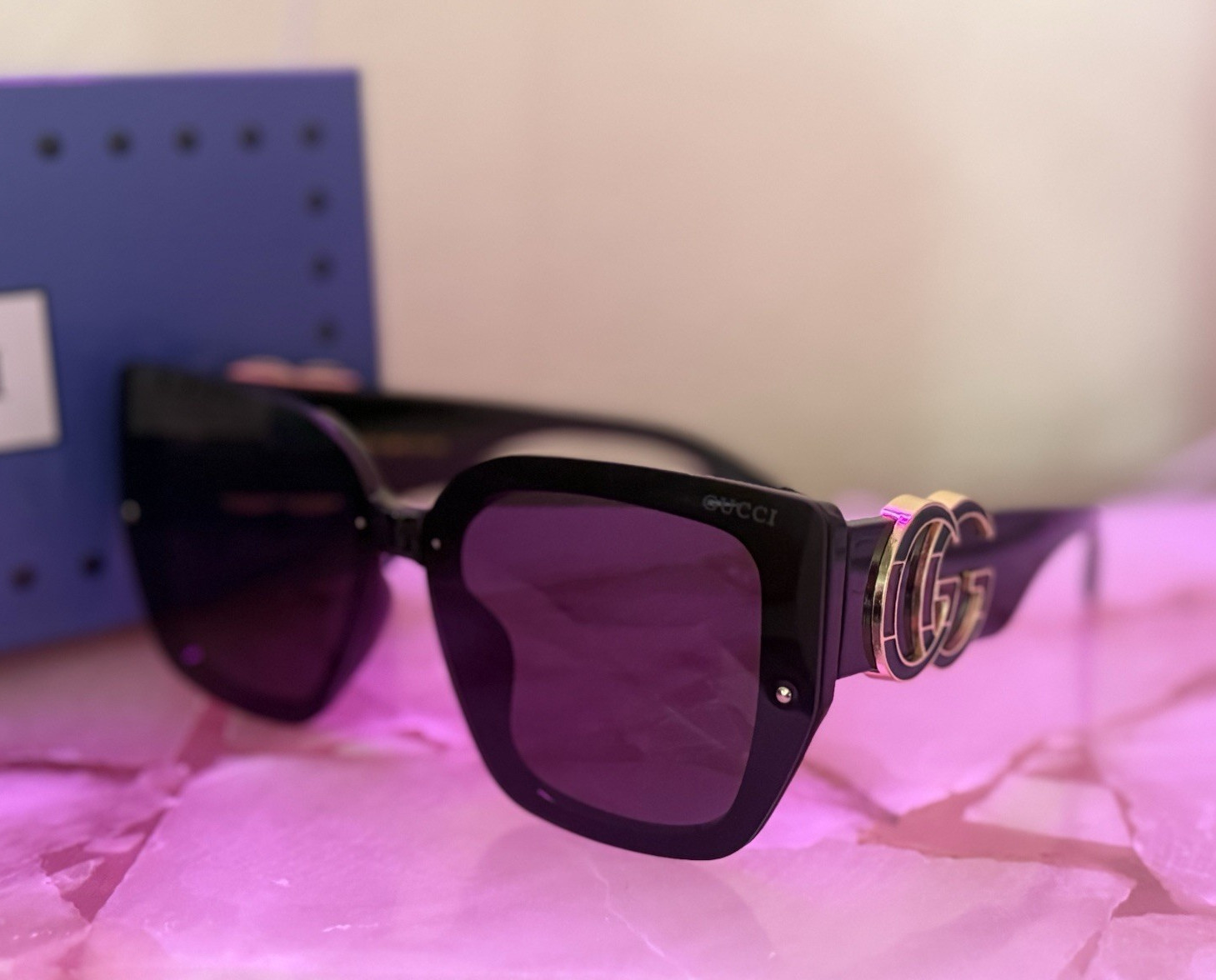 Gucci Women’s Square Sunglasses Black Plastic Frame, Gray Tinted Lens
