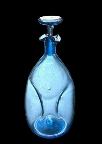 Vintage Blenko #49 Ocean Blue Pinched Glass Decanter w/Stopper Hand Blown 1950s