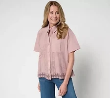 LOGO Lavish by Lori Goldstein Size M 100% Cotton Mixed Media Lace Shirt