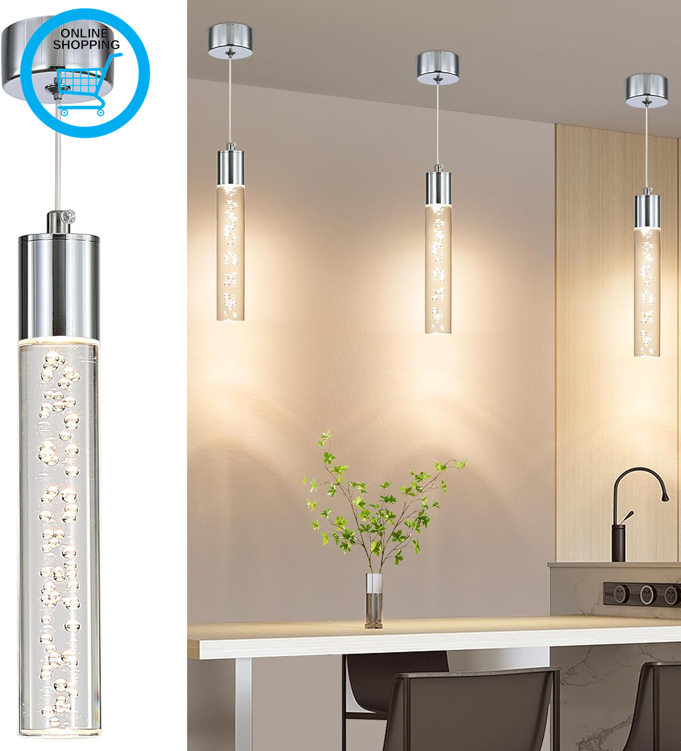 Cylindrical Chrome Pendant Light, 3 Color Temperature 3000K/4500K/6500K Kitchen
