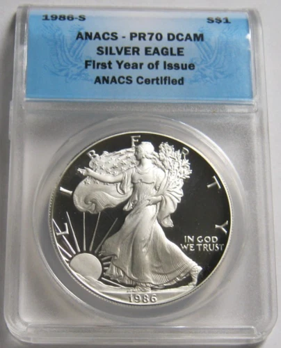 1986-S ANACS PR70 First Year of Issue PROOF AMERICAN SILVER EAGLE COIN
