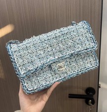 AUTH Chanel Classic Flap Light Blue White Tweed Silver Tone Metal Chain Shoulder
