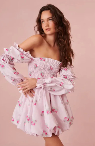 LoveShackFancy Women's Pink Janey Square Neck Floral Mini Smocked Dress Size S