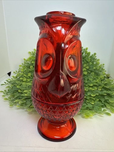 Viking Art Glass Fairy Tea Votive Candle Holder OWL Lamp RUBY RED 7"