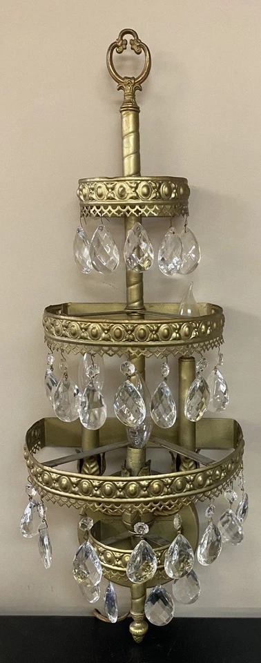 Vintage Large RARE Brass & Prisms 4 Tier Lighted Wall Fixture/Sconce-3 Bulbs - Image 4 of 4