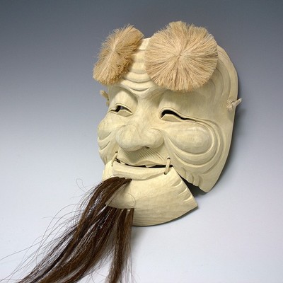 Japanese Okina old man Mask wooden Omen Noh Kabuki long beard New