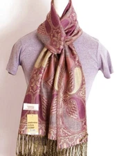Women's Pashmina Scarf Wrap.Paisley Pink Gray Beige.Silk Cashmere*Soft*029