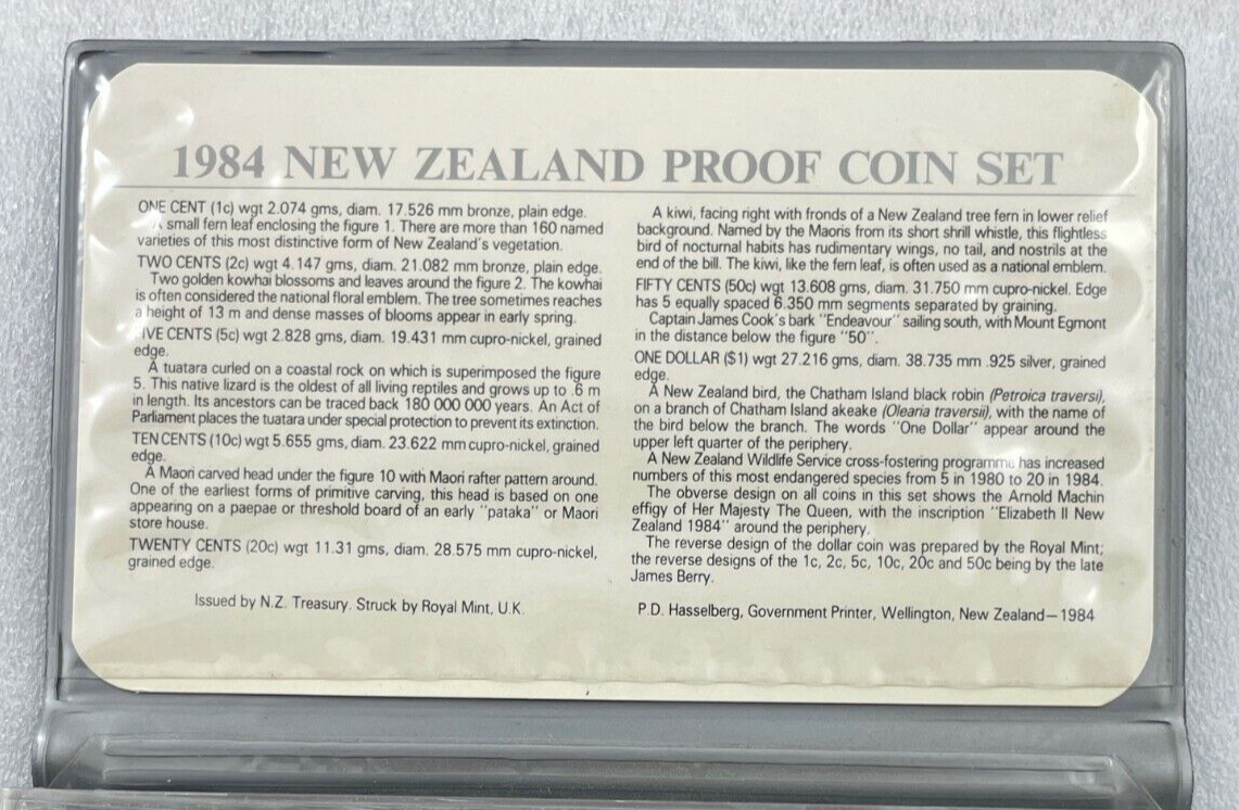 1984年 New Zealand Proof セット、説明書付 1984 Proof Coin Set Issued by the New Zealand Treasury - 7 Coins
