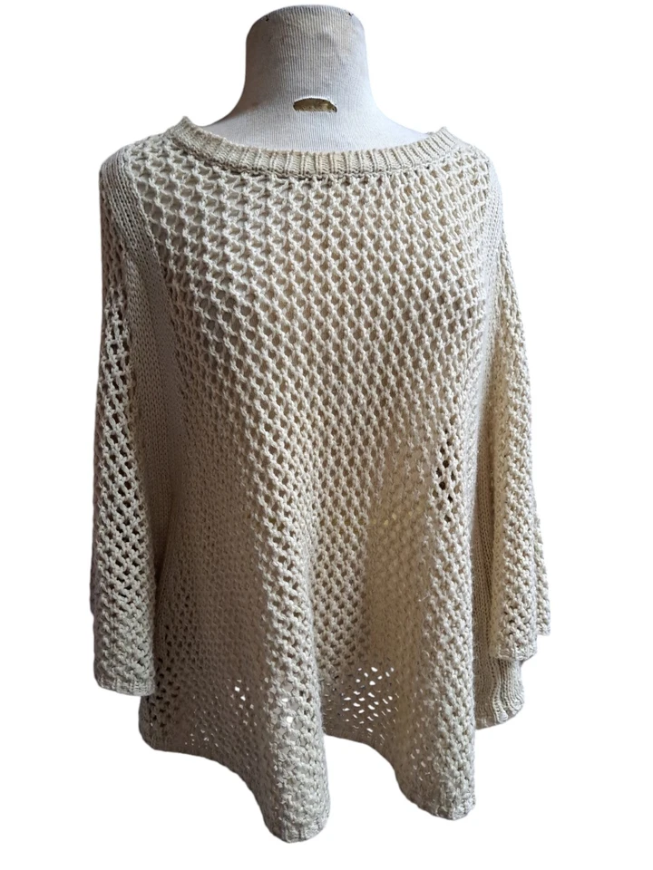 Suéter feminino de crochê chave de cobre L bege malha aberta poncho túnica Cottagecore Y2K - Imagem 2 de 4