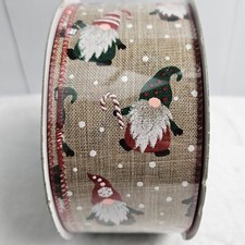 Christmas Gnome Kirkland Signature Tan Burlap Wired Edge 2.5" Ribbon 50 Yards