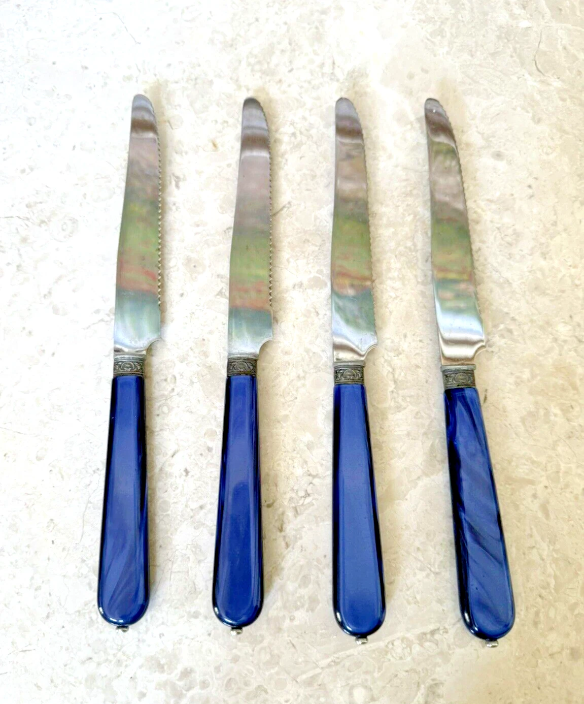 Vtg Stainless 4 Knife Set w/ BLUE Pearlized Lucite Handles Made in FRANCE.
