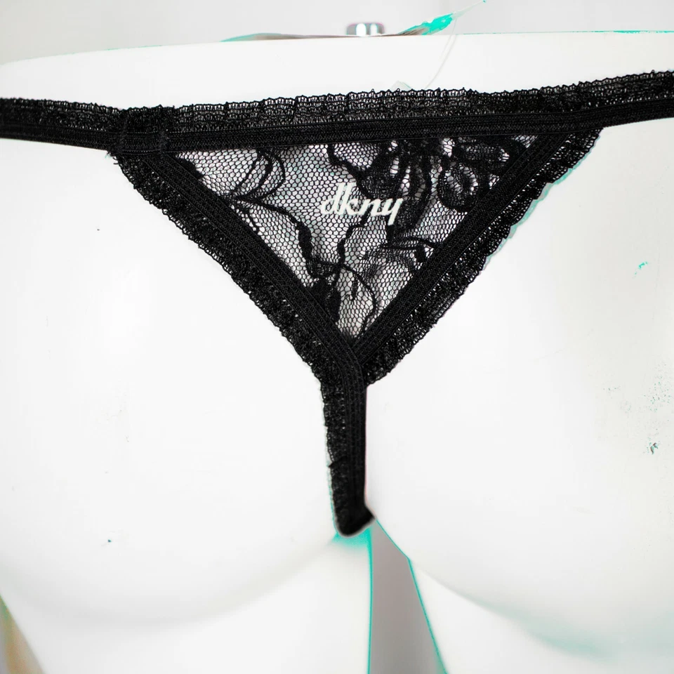 DKNY Nuevo Negro Desnudo Negro Encaje Lazo Nylon Mujer Tanga Panty Talla M Foto 3 de 4