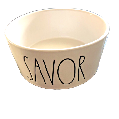 Rae Dunn SAVOR Large 6” Bowl Pet Dog Cat White w/Black SpellOut Food