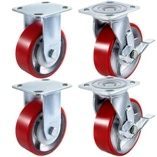 4 Pack Heavy Duty Caster Set 6" Polyurethane on Cast Iron Wheels No Mark Red