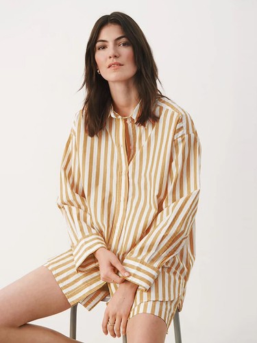 Brown and White Striped Pajama set Button up Summer Short Sleeve top with Shorts - Picture 5 of 6