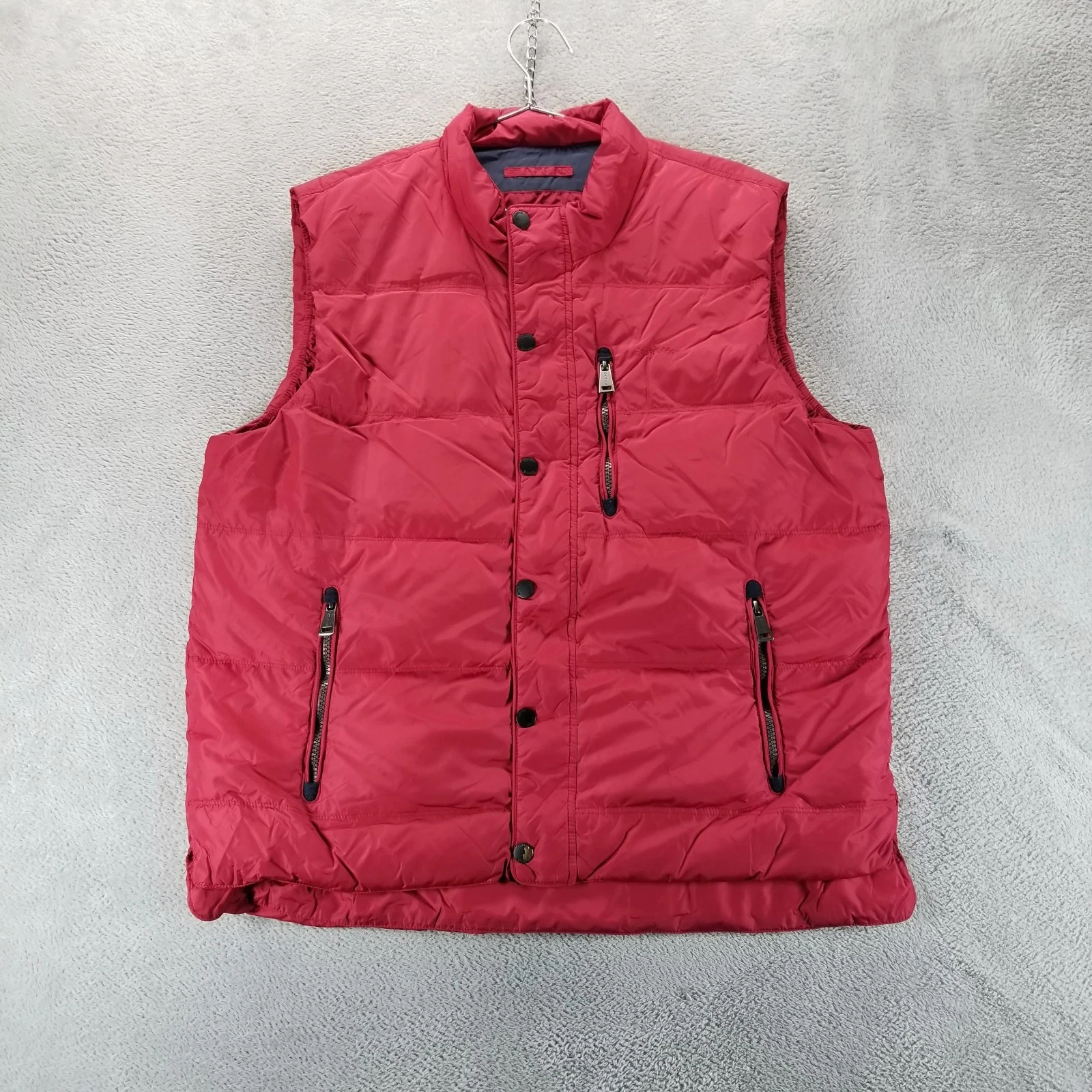 Orvis Vest Mens L Red Puffer Duck Down Zip Pockets Snap Up Outdoors