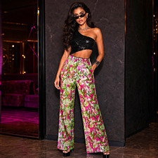 NASTY GAL Electric Dream Sequin Wide Leg Pants, Pink Green High Rise, Size 0