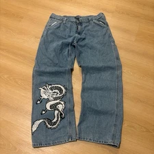 Vintage Y2K Jnco LIKE Custom Made Japanese Dragon Blue Carpenter Jeans 36x32