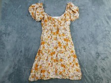 ASTR The Label Dress Womens Small Orange Floral Puff Sleeve Ruched Mini Boho