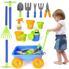 Kids Garden Wagon Wheelbarrow and Gardening Tools Play Set Includes 10 Access...