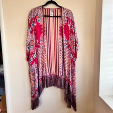Chico's Linen Kimono Cardigan Pink Blue Paisley Sz L/XL Fringe
