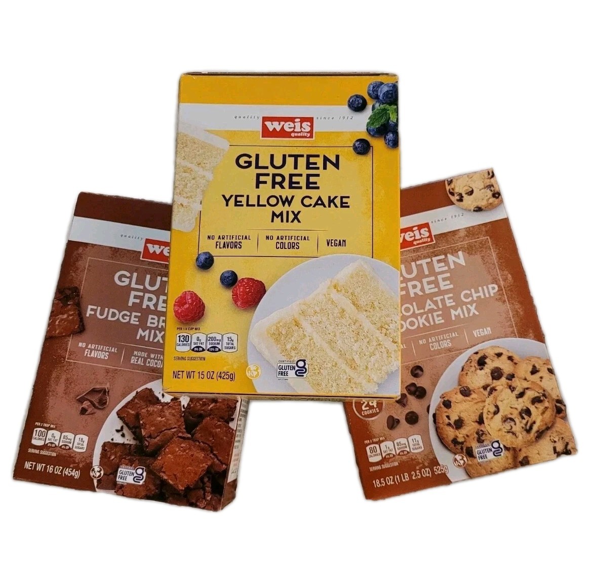 Mezcla de postres sin gluten 3 cajas: pastel amarillo/galleta con chispas de chocolate/brownie de caramelo