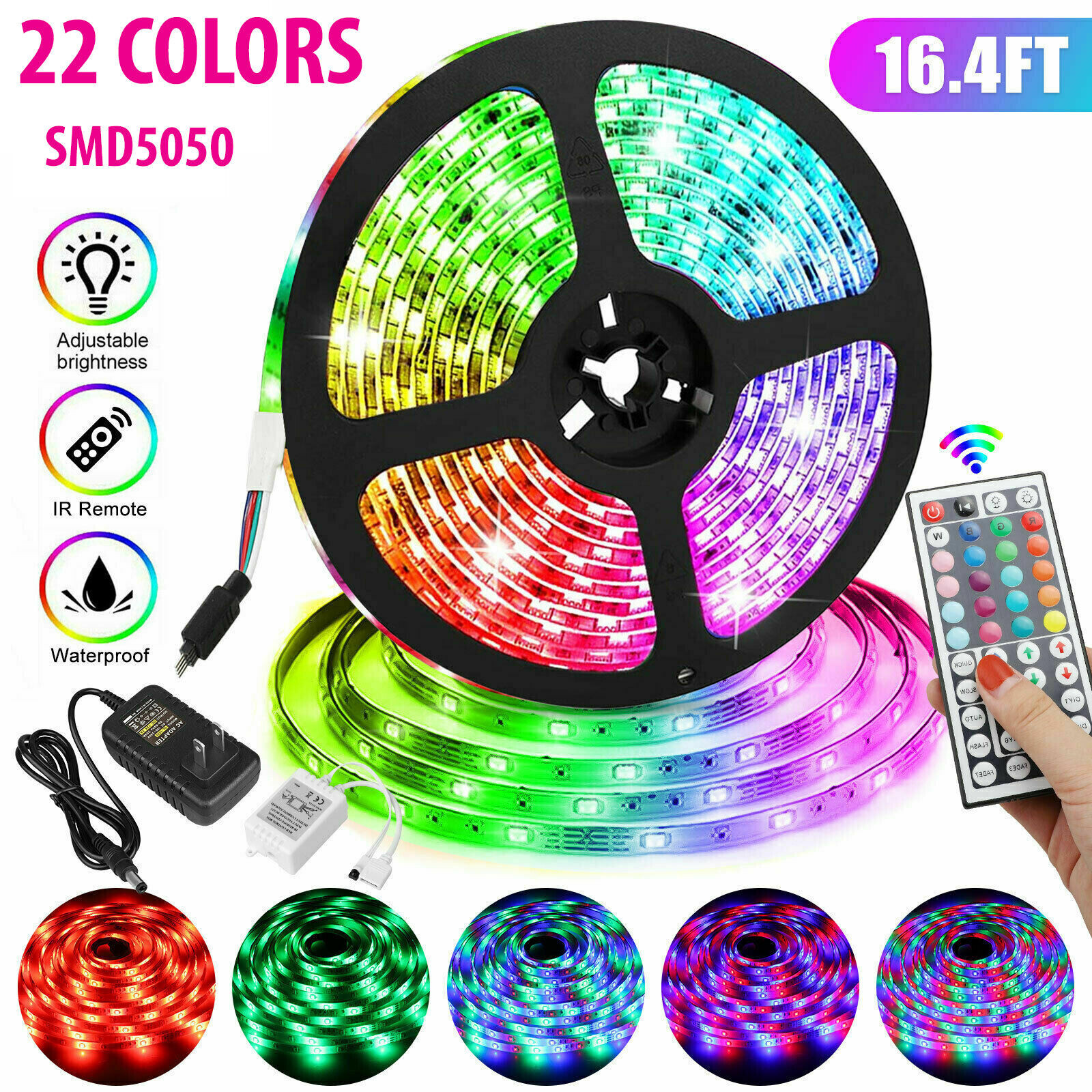 5M 16.4ft RGB Waterproof LED 5050 SMD Flexible Strip Light 12V+Remote+Power