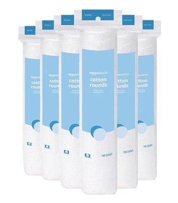 Amazon Basics Hypoallergenic 100% Cotton Rounds 100 Count (Pack of 6), White 