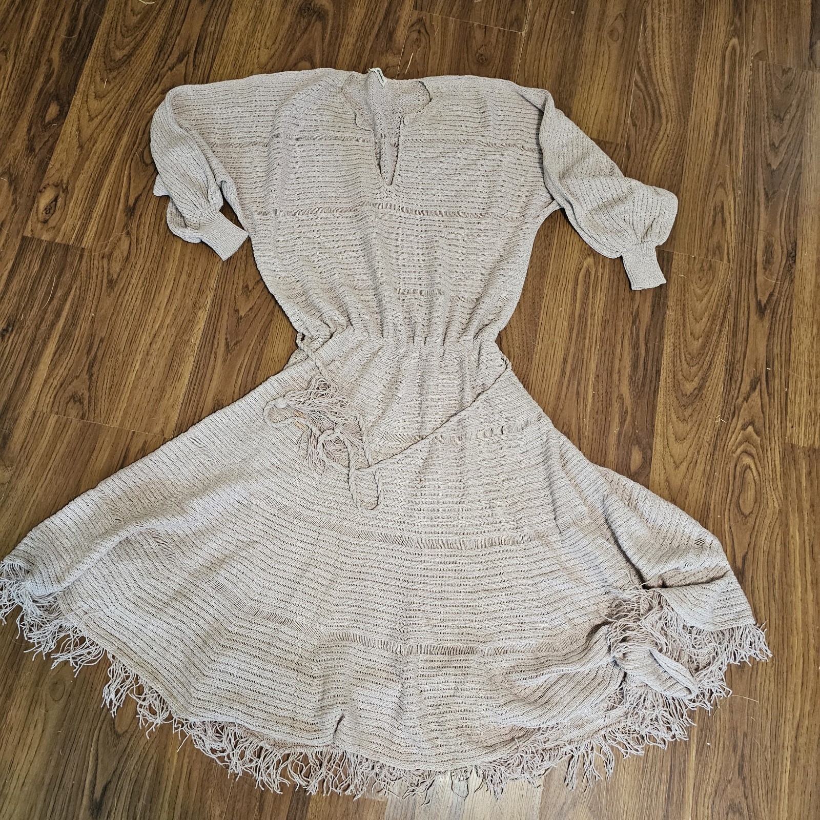 Crochet Dress Woman's Beige With Fringe Sz L? Boho Hippie Peasant Festival Midi