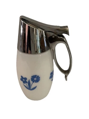 Vtg  Westinghouse Gemco Cornflower Blue Glass Syrup Dispenser Creamer Milk Glass
