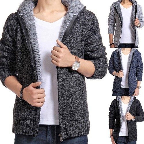 Mens Fleece Fur Lined Hoodie Knitted 