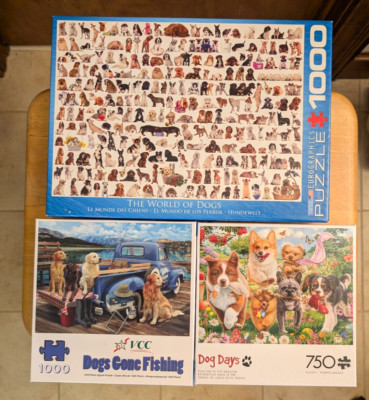 3 Dog Puzzle LOT *The World of Dogs + Dogs Gone Fishing + Dog Days: Playtime...*