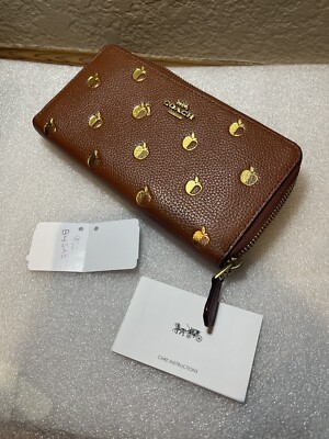 Coach Zip Around Wallet With APPLE Print Leather Accordion Brown